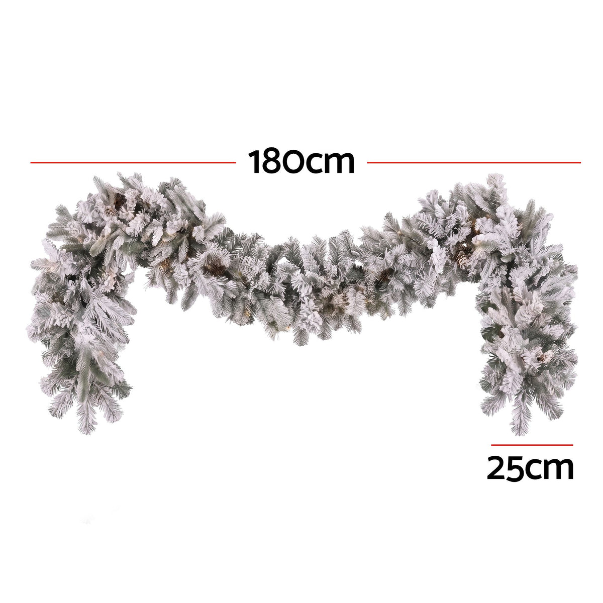 Frosted Christmas garland with warm white LED lights, straight length view