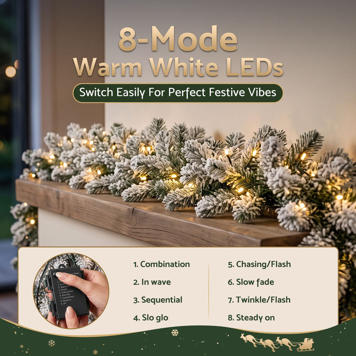 Frosted Christmas garland with warm white LED lights arranged along a surface