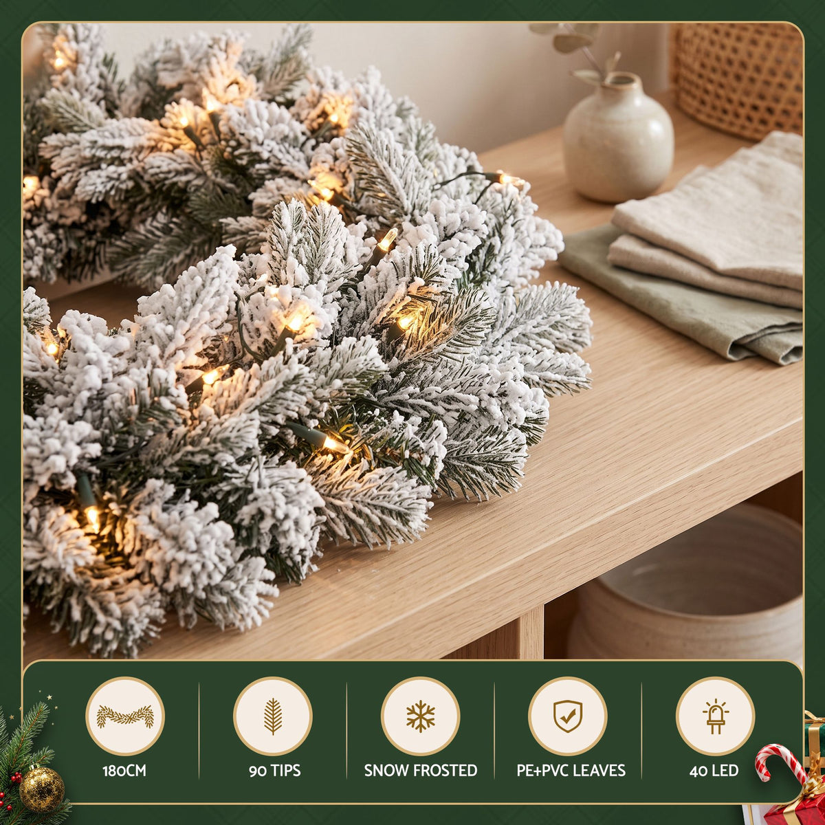 Frosted Christmas garland with warm white LED lights, bunched pine tips detail