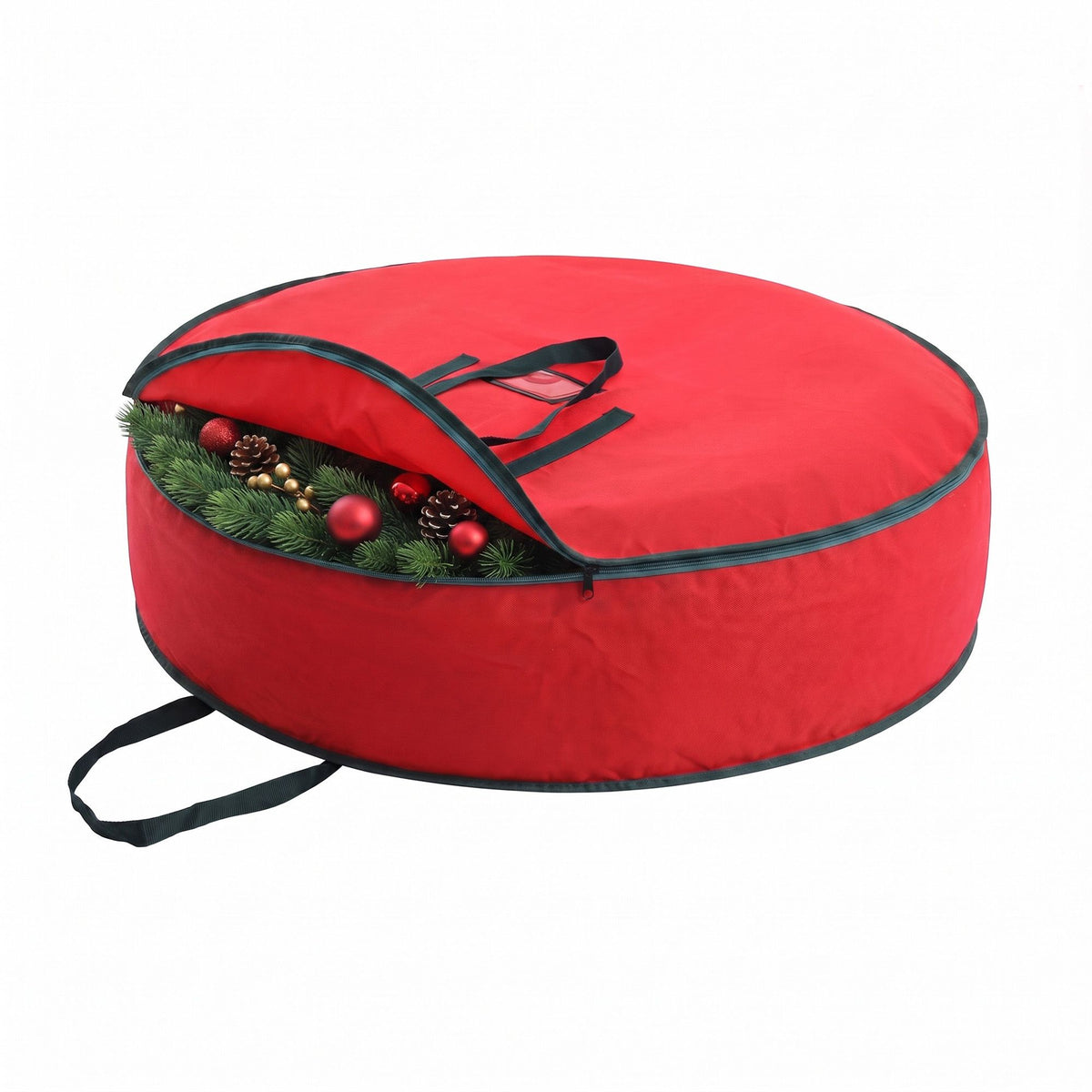 Red Christmas wreath storage bag with green trim, side handle and zipper opening