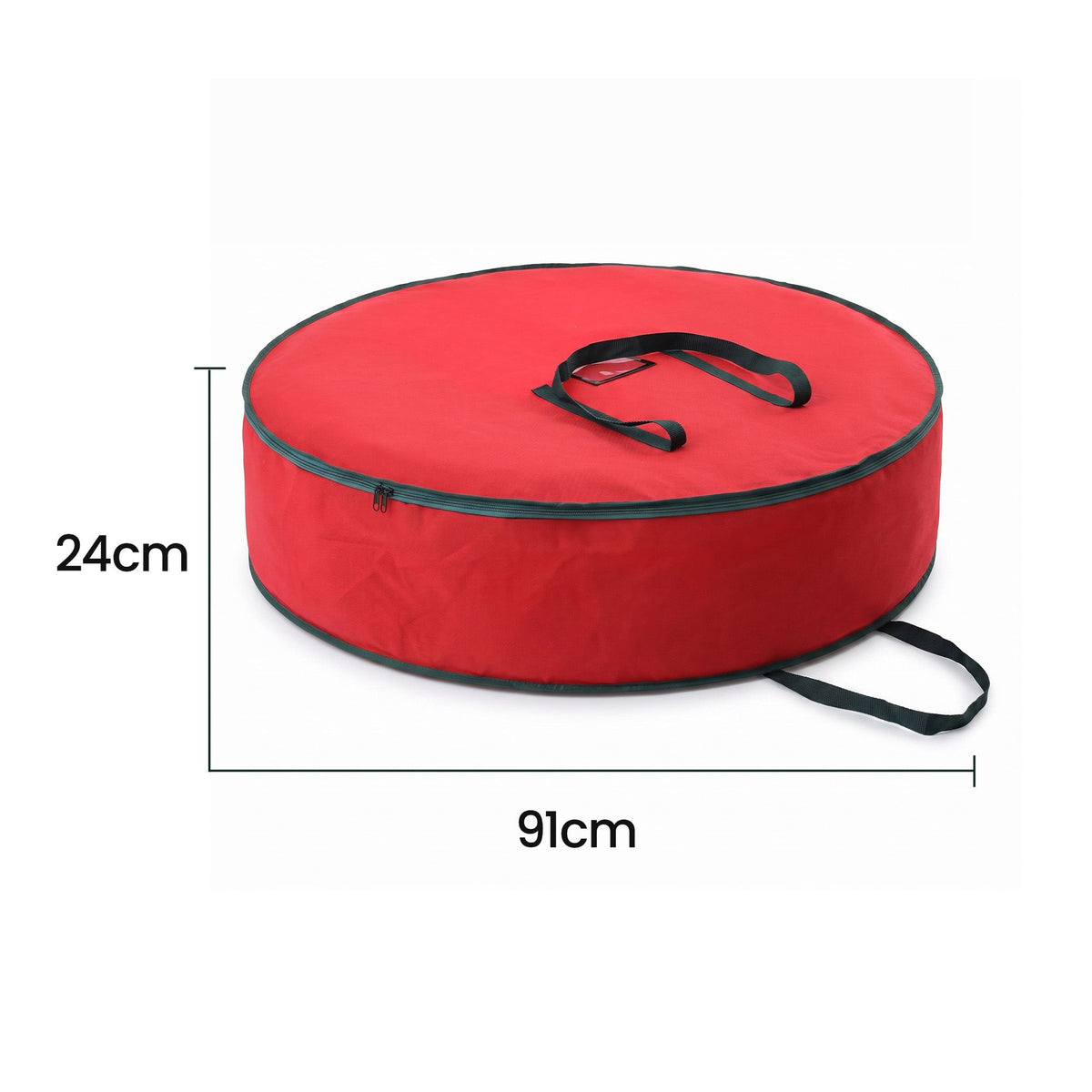 Round red storage bag with green piping and carrying handle, shows size measurement