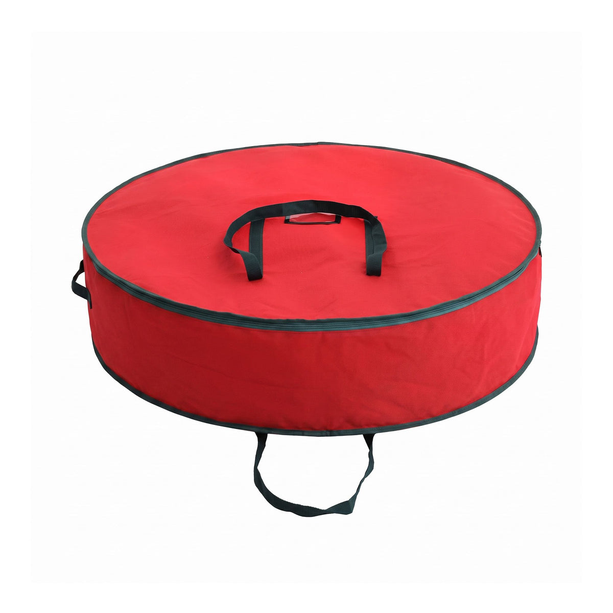 Round red Christmas garland storage bag with green handles and zipper on top