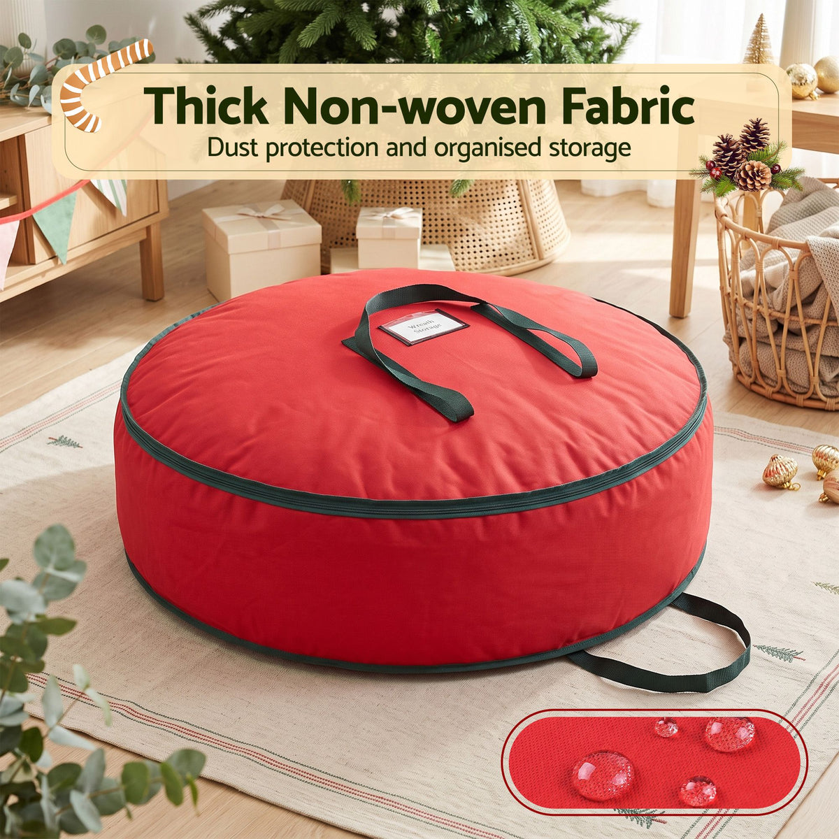 Red wreath storage bag with green trim, handles, and zipper closure; contents inside