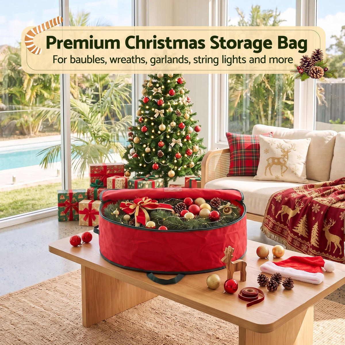 Red round Christmas storage bag on tabletop with green trim and front handle strap