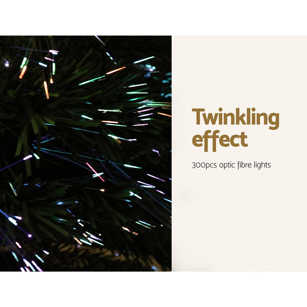 Optic fiber lights with twinkling effect on a dark background, accompanied by text on a light background.