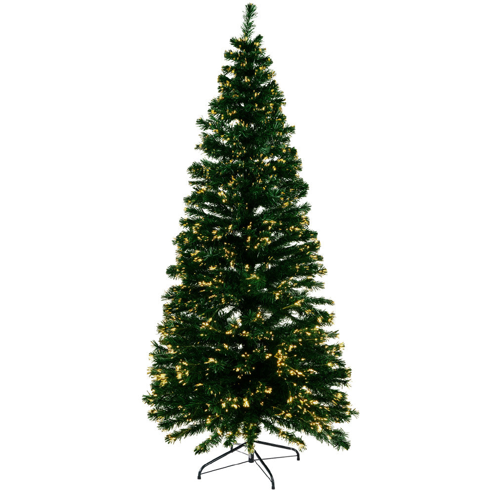 Artificial Christmas tree with warm white optic-fibre LED lights and metal stand.
