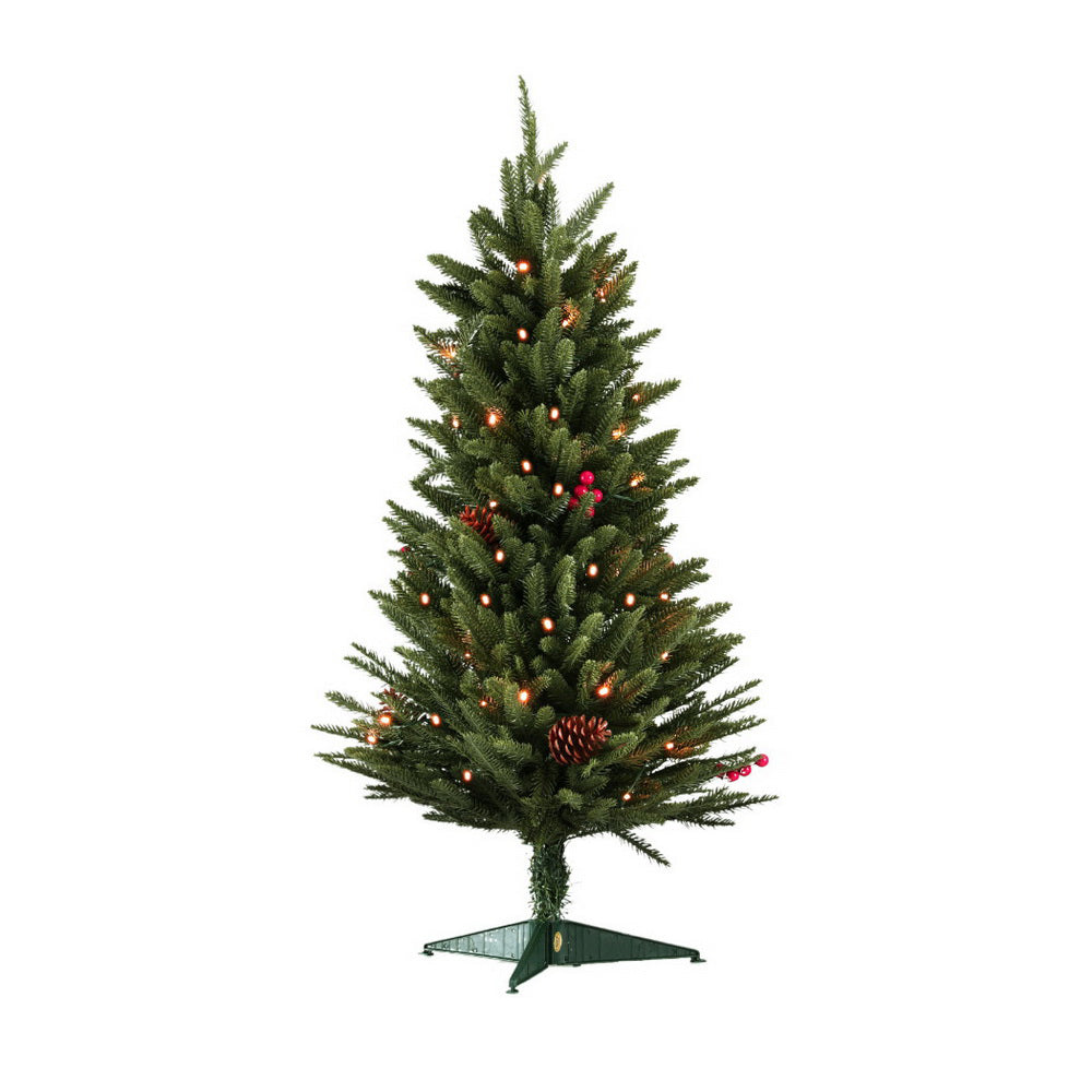 Mini artificial Christmas tree with warm white LED lights and pine cone berry ornaments