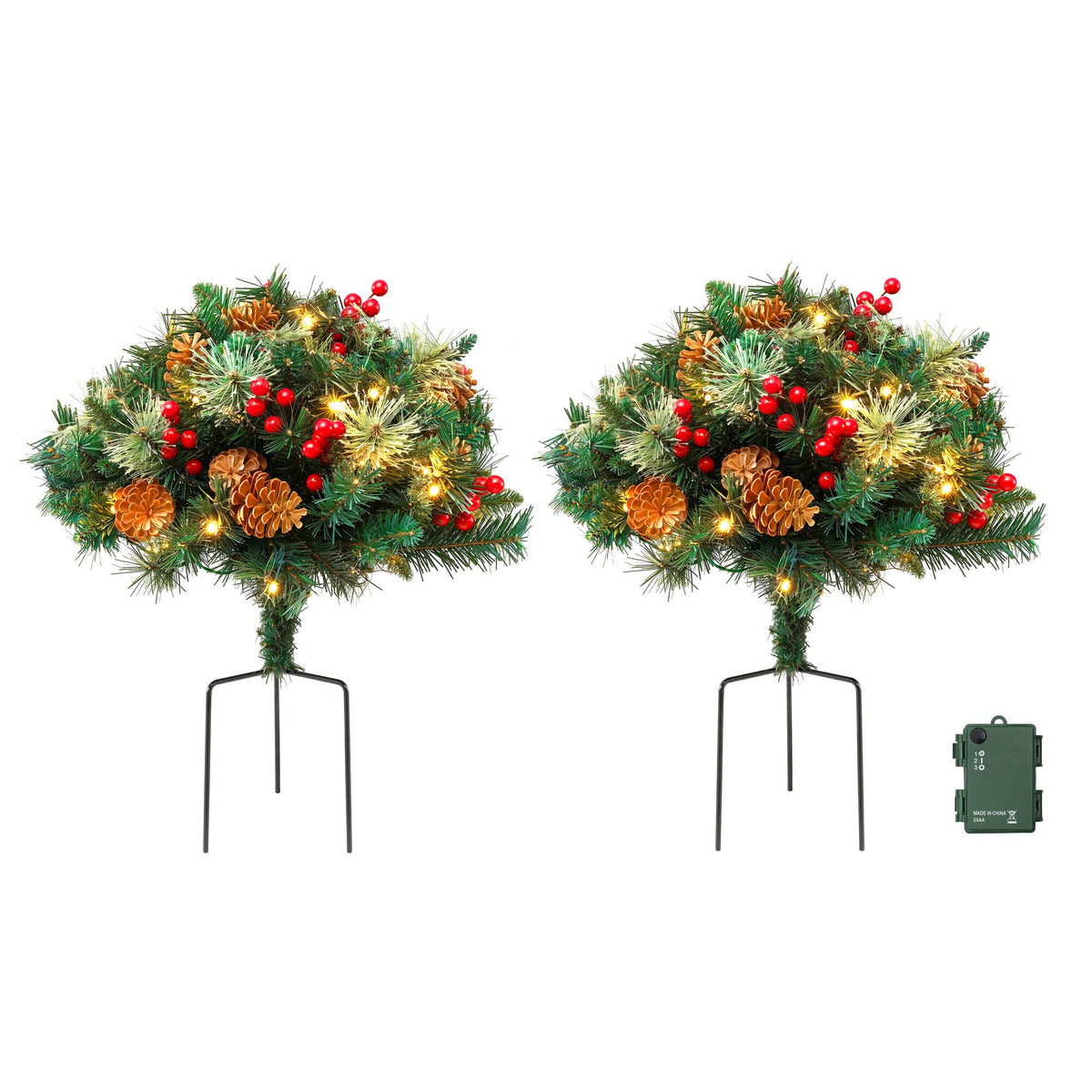 Set of pre-lit artificial Christmas pathway trees with pinecones, red berries, warm lights and stake stands.