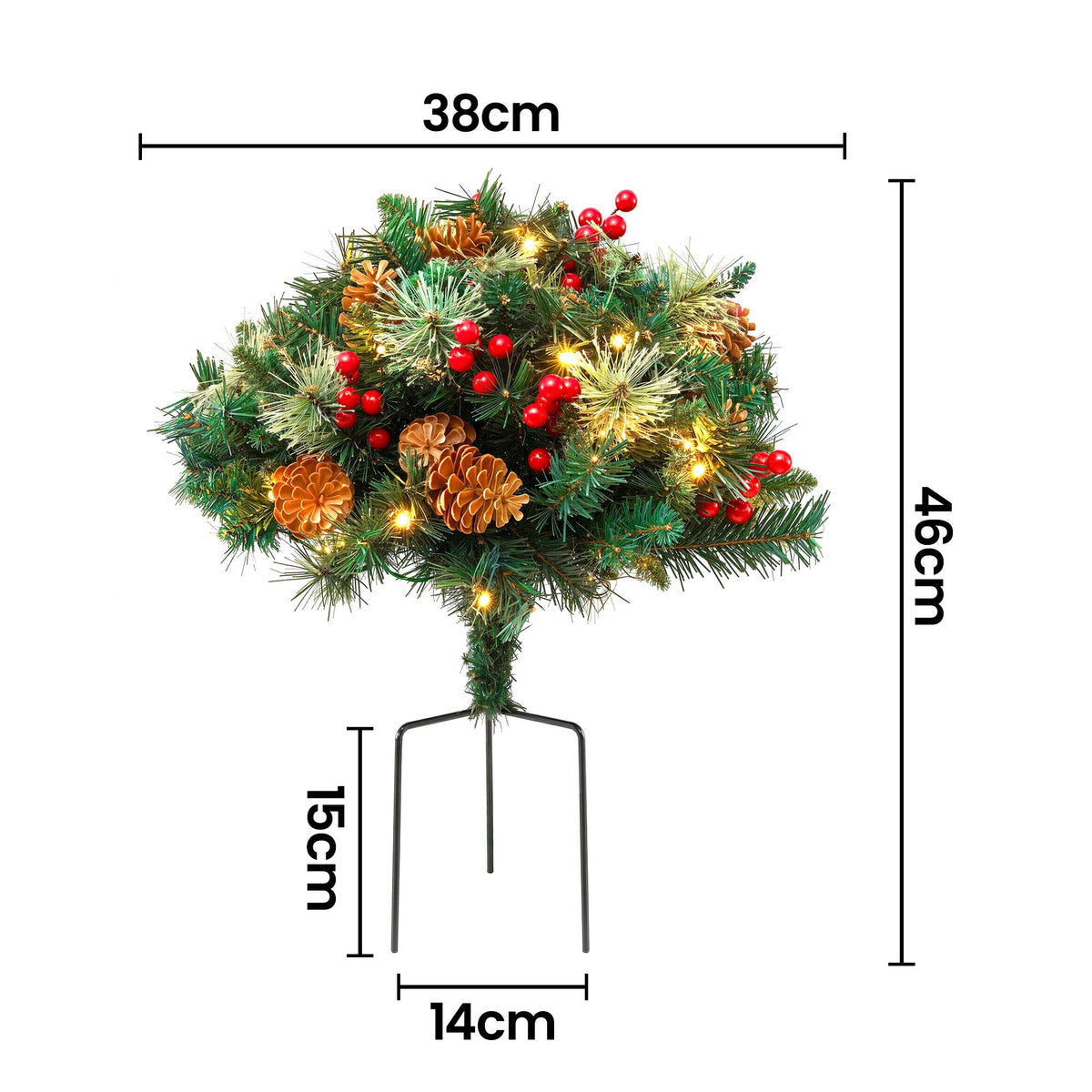 Pre-lit mini artificial Christmas tree with pinecones and red berries; dimensions shown (46 cm tall).