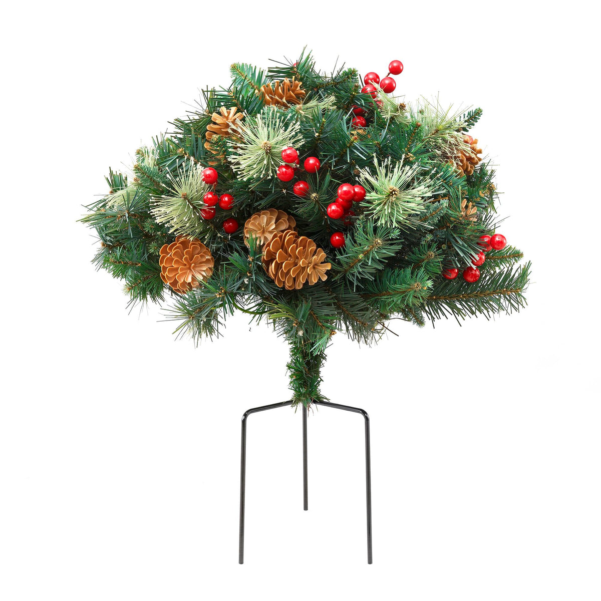 Close-up of pre-lit mini artificial Christmas tree with pinecones, red berries, green needles, stake stand.