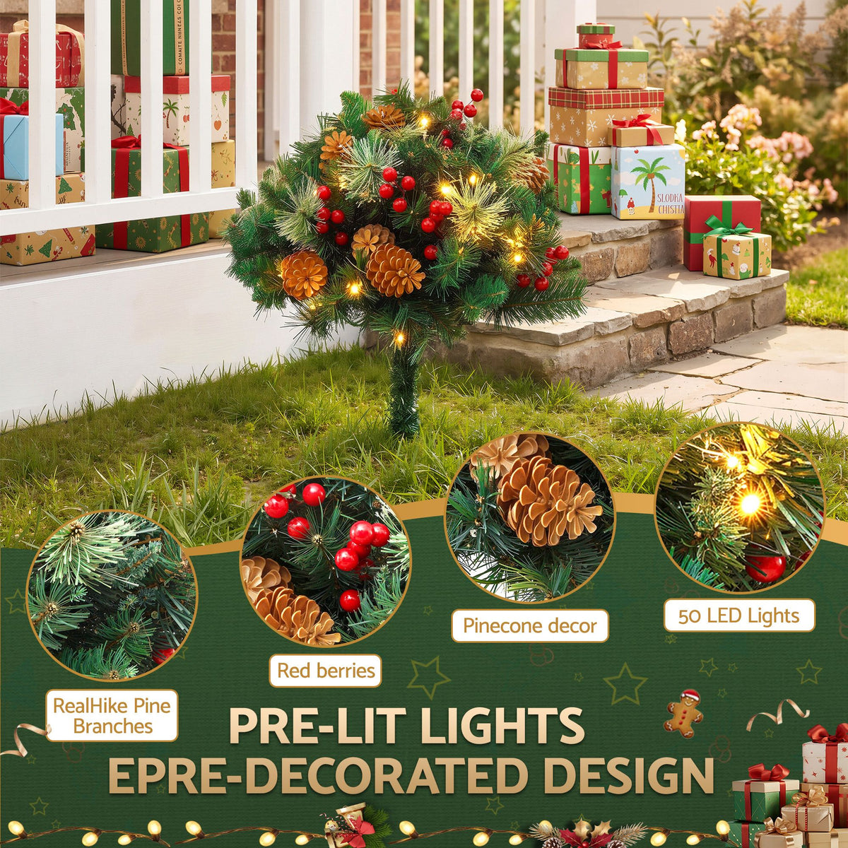 Pre-lit artificial Christmas pathway tree with warm lights, pinecones, and red berries on a stake base.