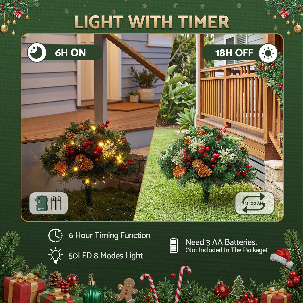 Pre-lit Christmas pathway lights with timer feature (6-hour on) and warm LED glow.