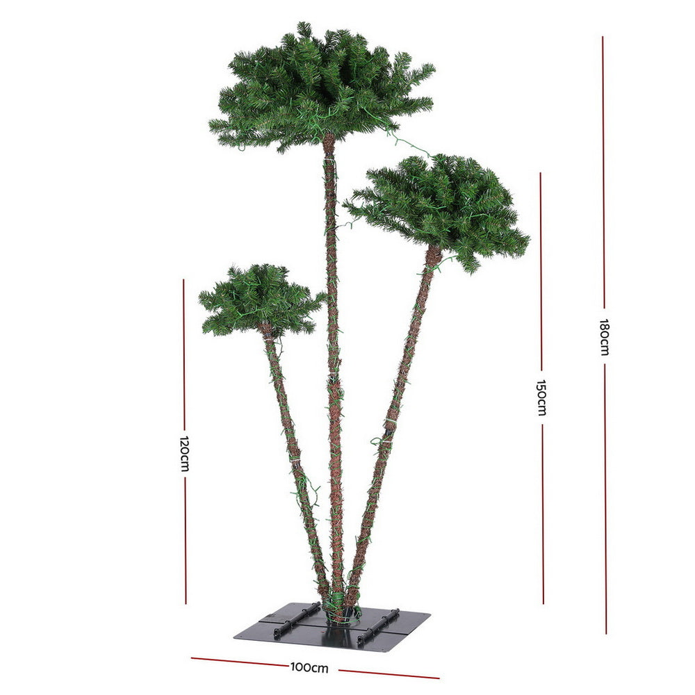 LED palm tree decoration with three green canopies on a square base, full view