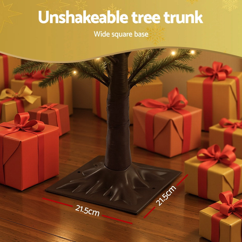 Pre-lit artificial Christmas tree trunk and wide square base with warm white LEDs