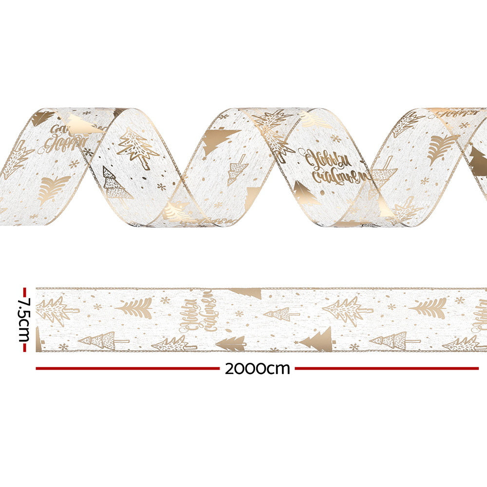 White and gold printed Christmas ribbon strip with repeating holiday icons; 2000 cm.