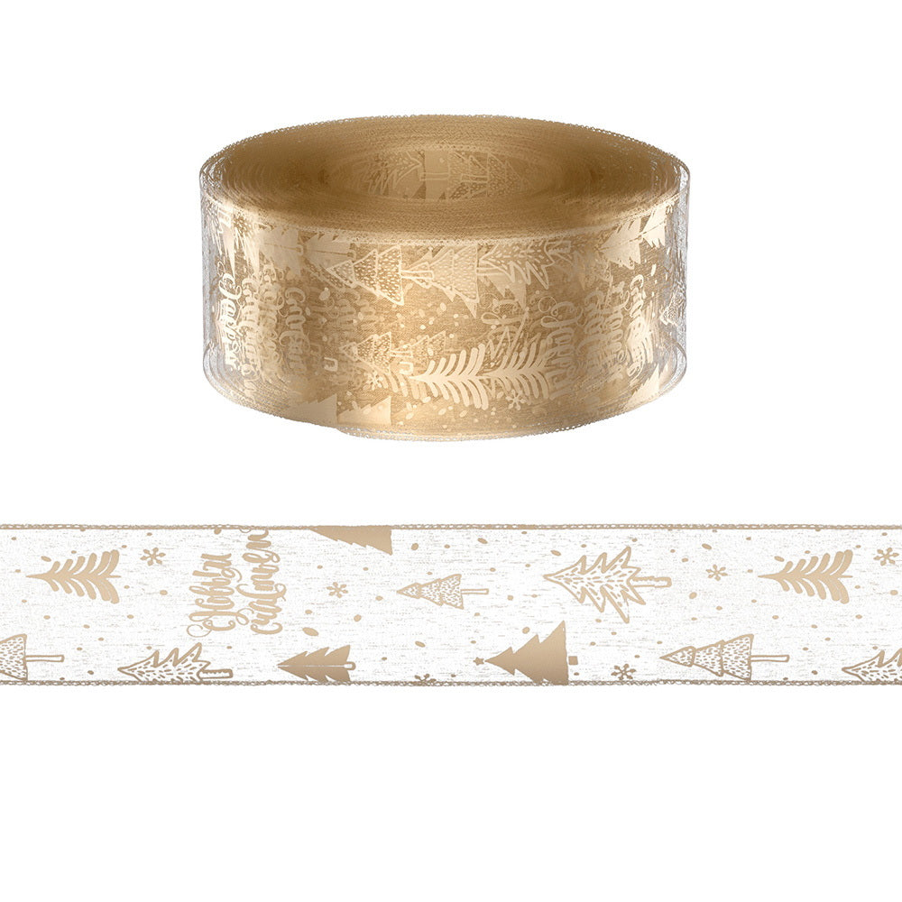 Gold printed Christmas ribbon roll and matching ribbon strip with holiday motif pattern.