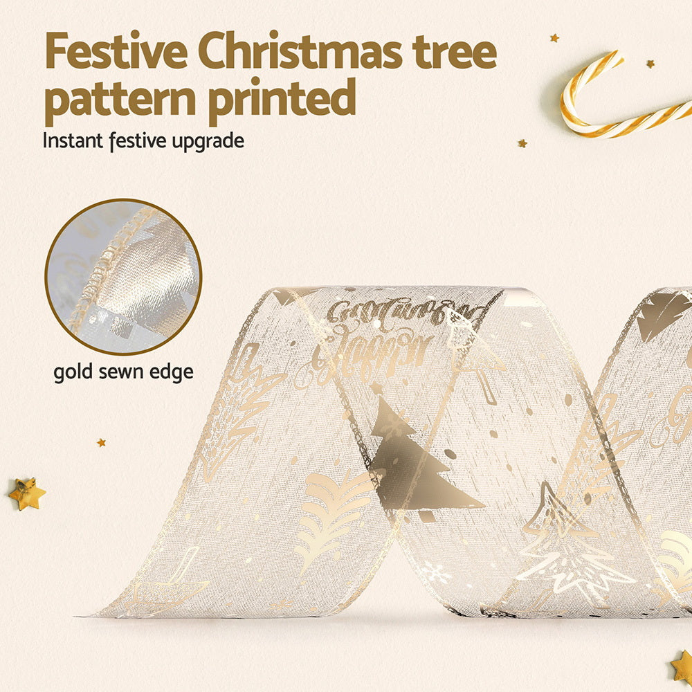 White Christmas ribbon with gold printed trees and text, plus sewn gold edge detail.