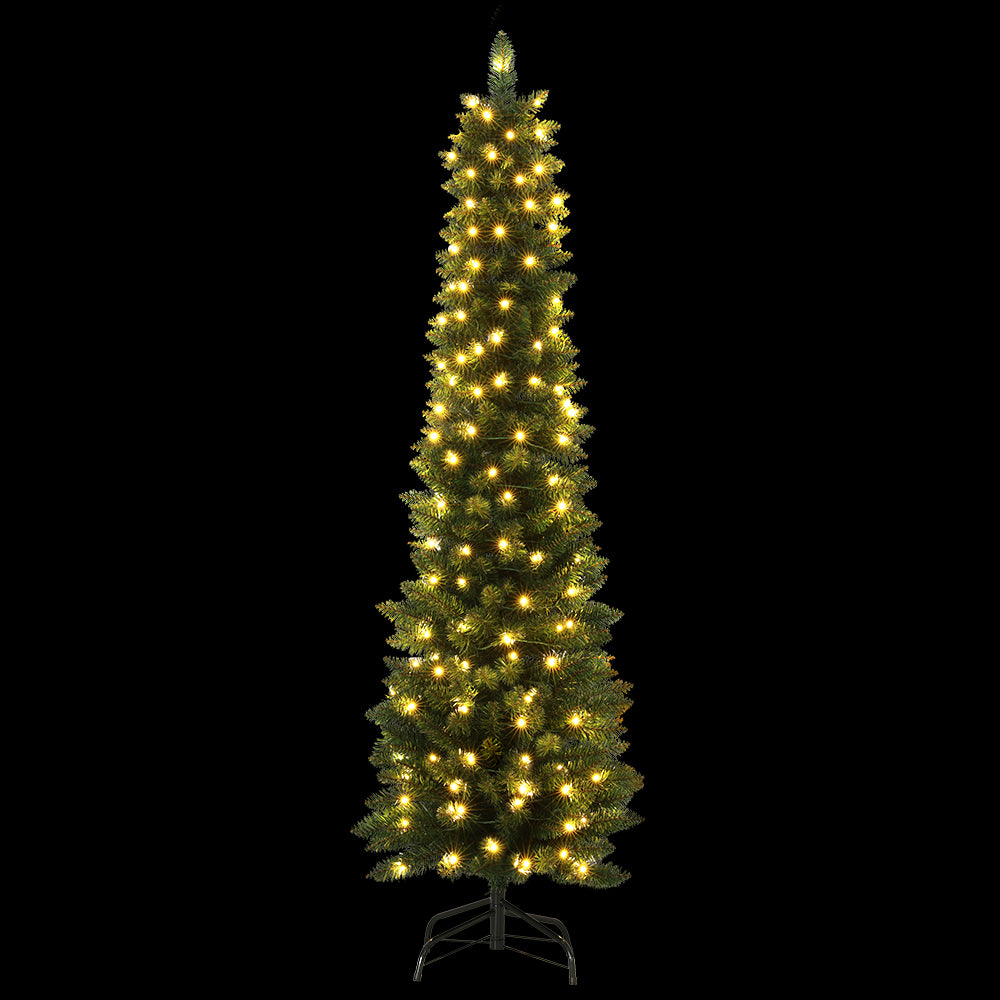 Artificial Christmas tree with warm LED lights, slim conical shape and metal stand