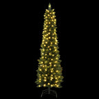 Artificial Christmas tree with warm LED lights, slim conical shape and metal stand