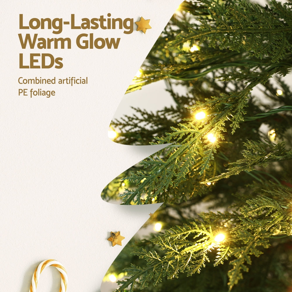 Warm white LED lights glowing on sparse Christmas tree branch with green foliage