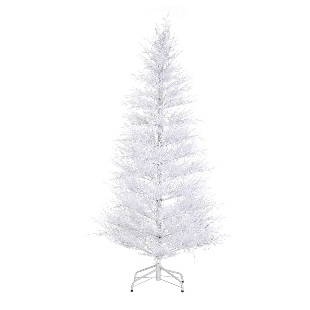 Frosted artificial Christmas tree with dense branches and metal stand