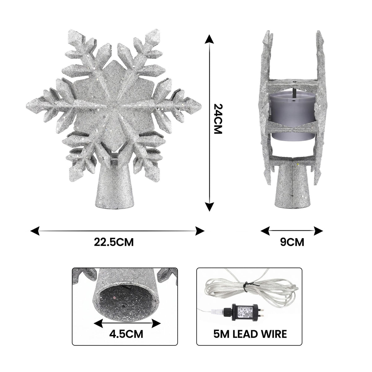Silver snowflake tree topper with built-in projector, measures 24.2 cm wide