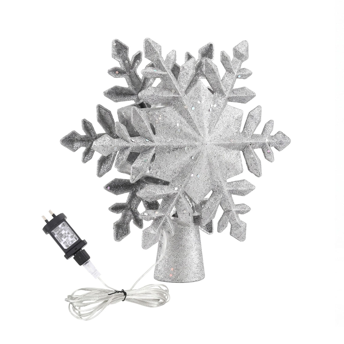 Silver glitter snowflake tree topper with hanging projector unit and lead wire