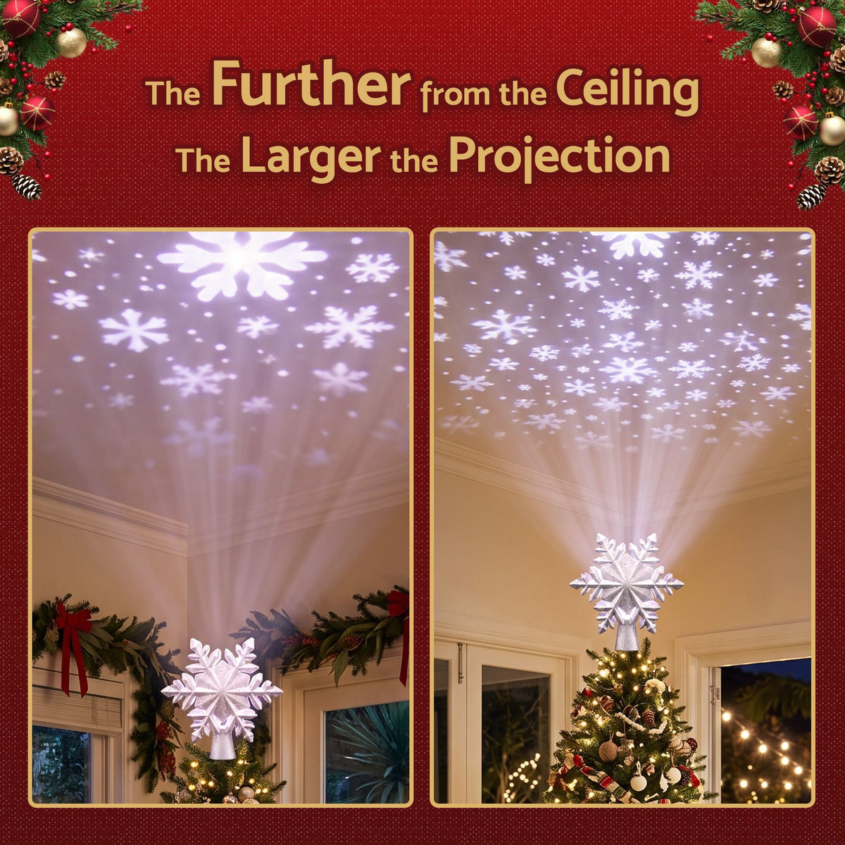 Tree topper LED projector casting snowflake patterns on ceiling
