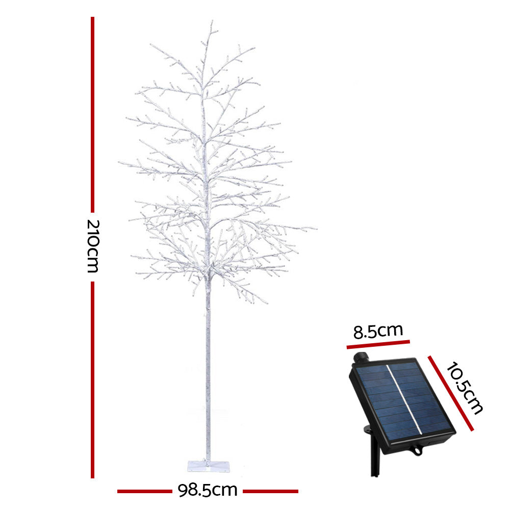 White LED jingle tree with size dimensions shown, plus solar panel diagram