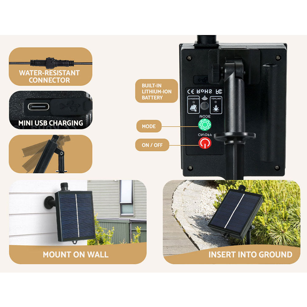 Water-resistant solar controller with built-in battery, mini USB charging, and mounting options