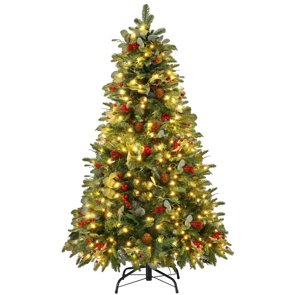Pre-lit artificial Christmas tree with warm white lights, red berries and pinecones
