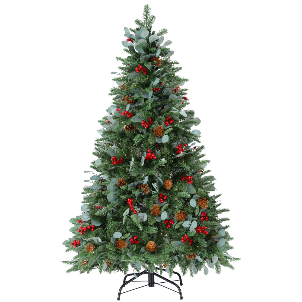 Artificial Christmas tree with warm yellow lights, red berries, pinecones, and metal stand