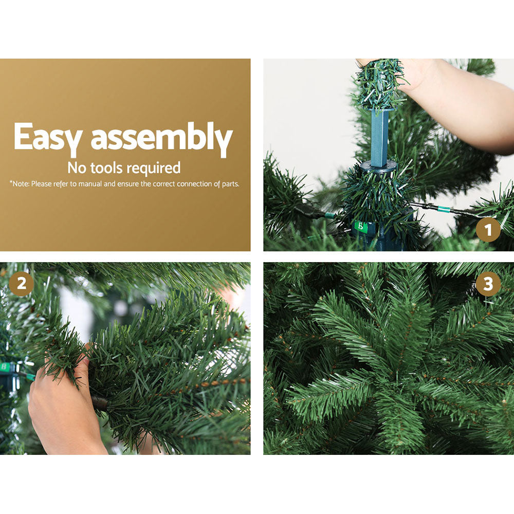 Collage of steps for easy assembly of a Christmas tree with text indicating no tools are required.