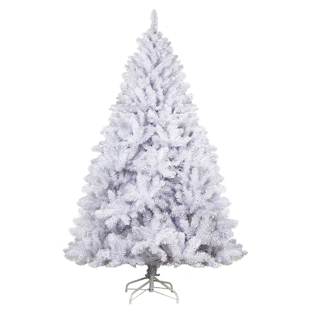Artificial Christmas tree with white tips and hinged stand, full triangular shape.