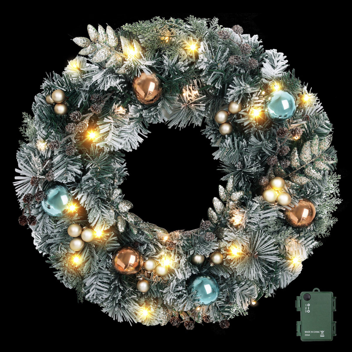 Snowy Christmas wreath with warm white LED lights and teal, gold, bronze ornaments