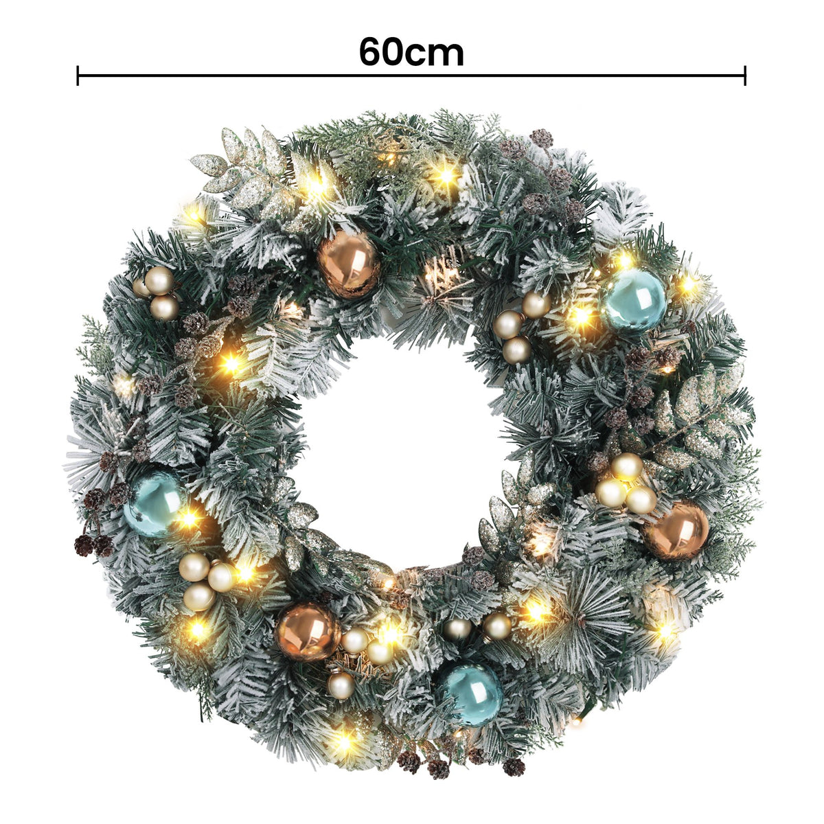60cm snowy Christmas wreath, circular pine design with warm white LED lights and baubles