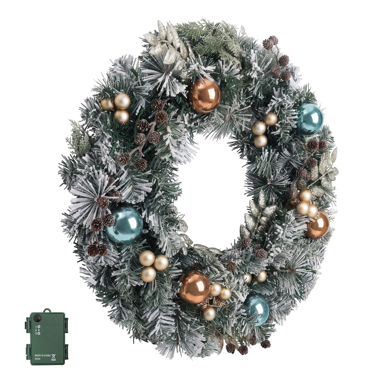 Snowy pine Christmas wreath with warm white LEDs and mixed bronze, gold, and teal decorations