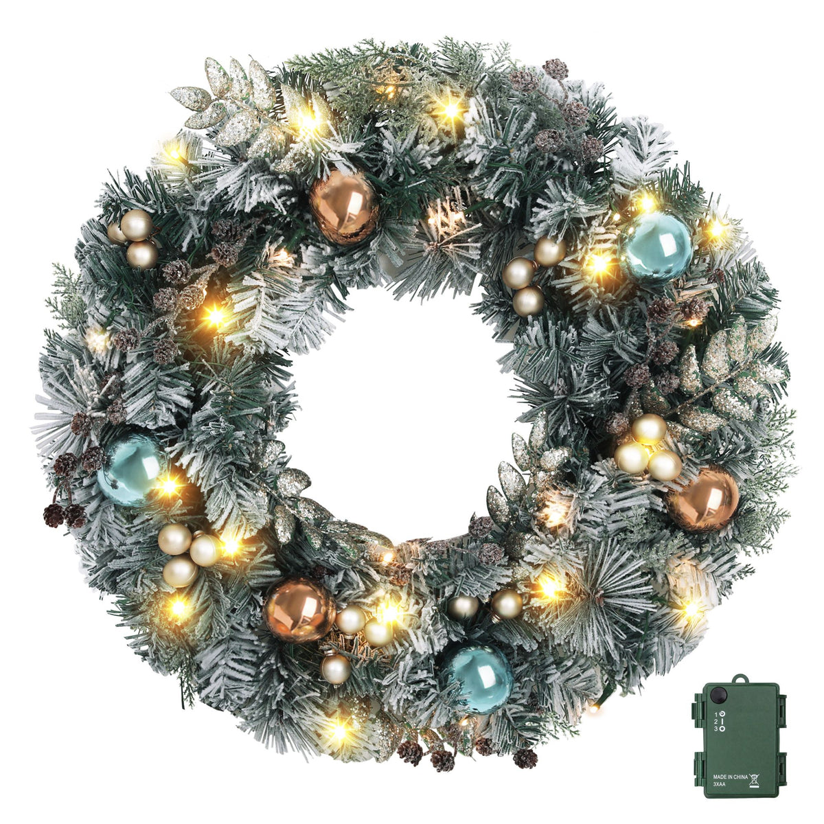 Circular snowy Christmas wreath with warm white LED lights and gold, teal, bronze baubles