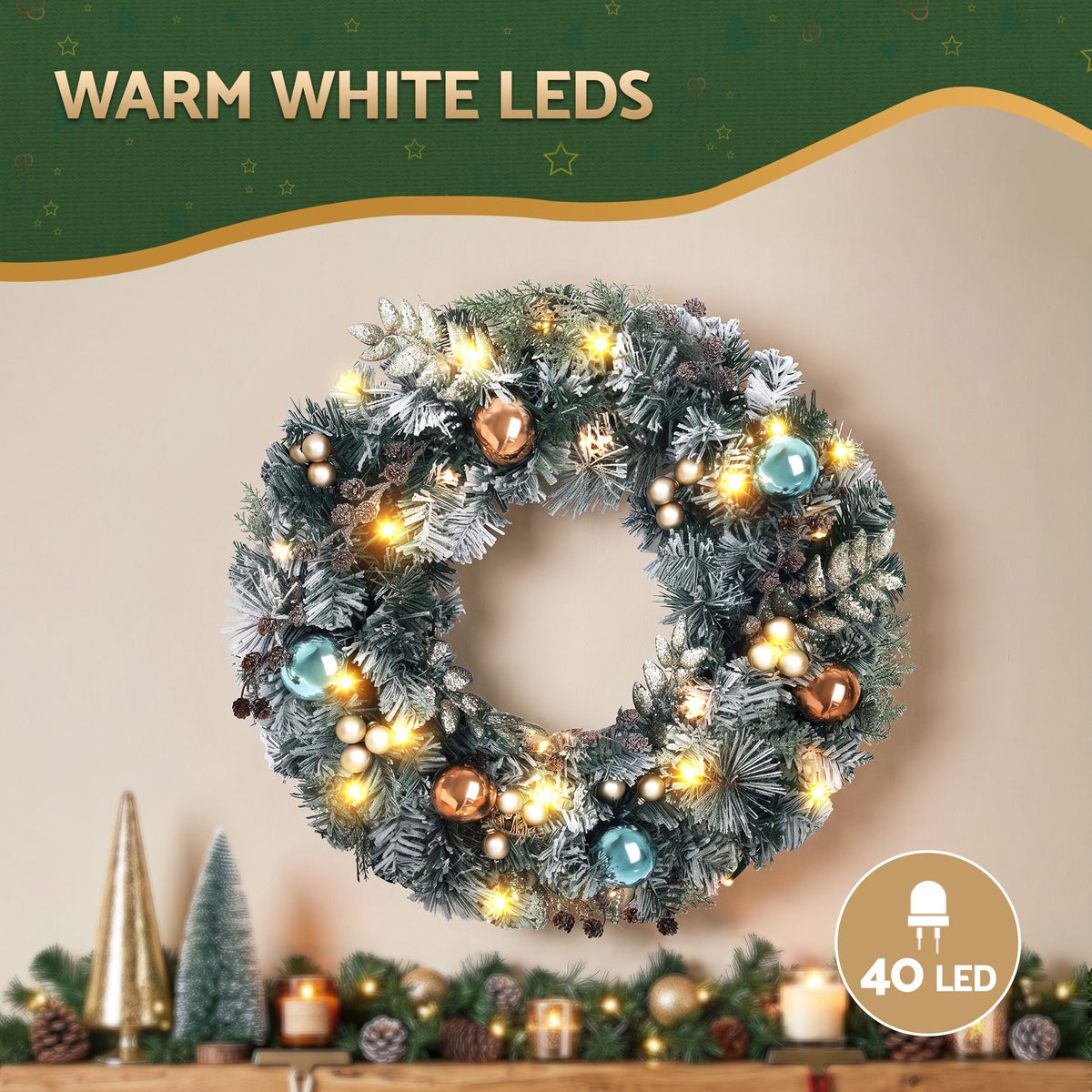 Snowy Christmas wreath with warm white LED lights, teal and bronze ornaments, 40 LEDs