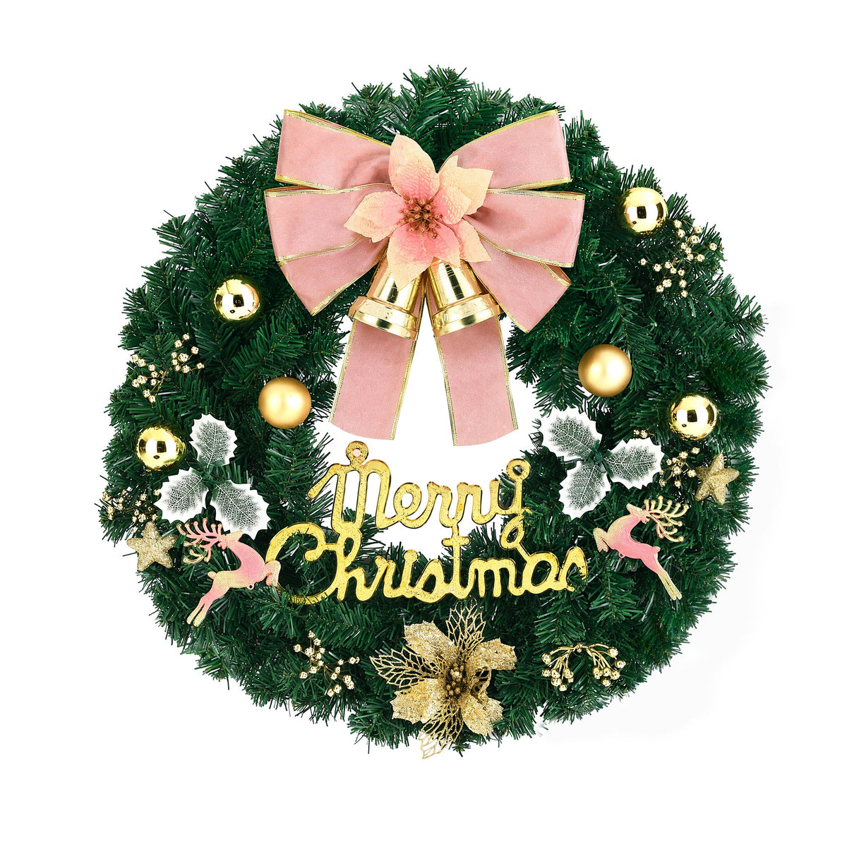 60cm Christmas wreath with pink bow, gold baubles, bell accents, and Merry Christmas sign