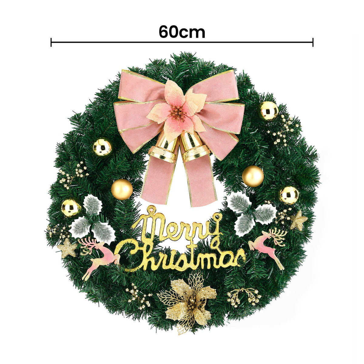 Christmas wreath, 60cm size, with pink ribbon bow, gold bells and baubles, Merry Christmas sign