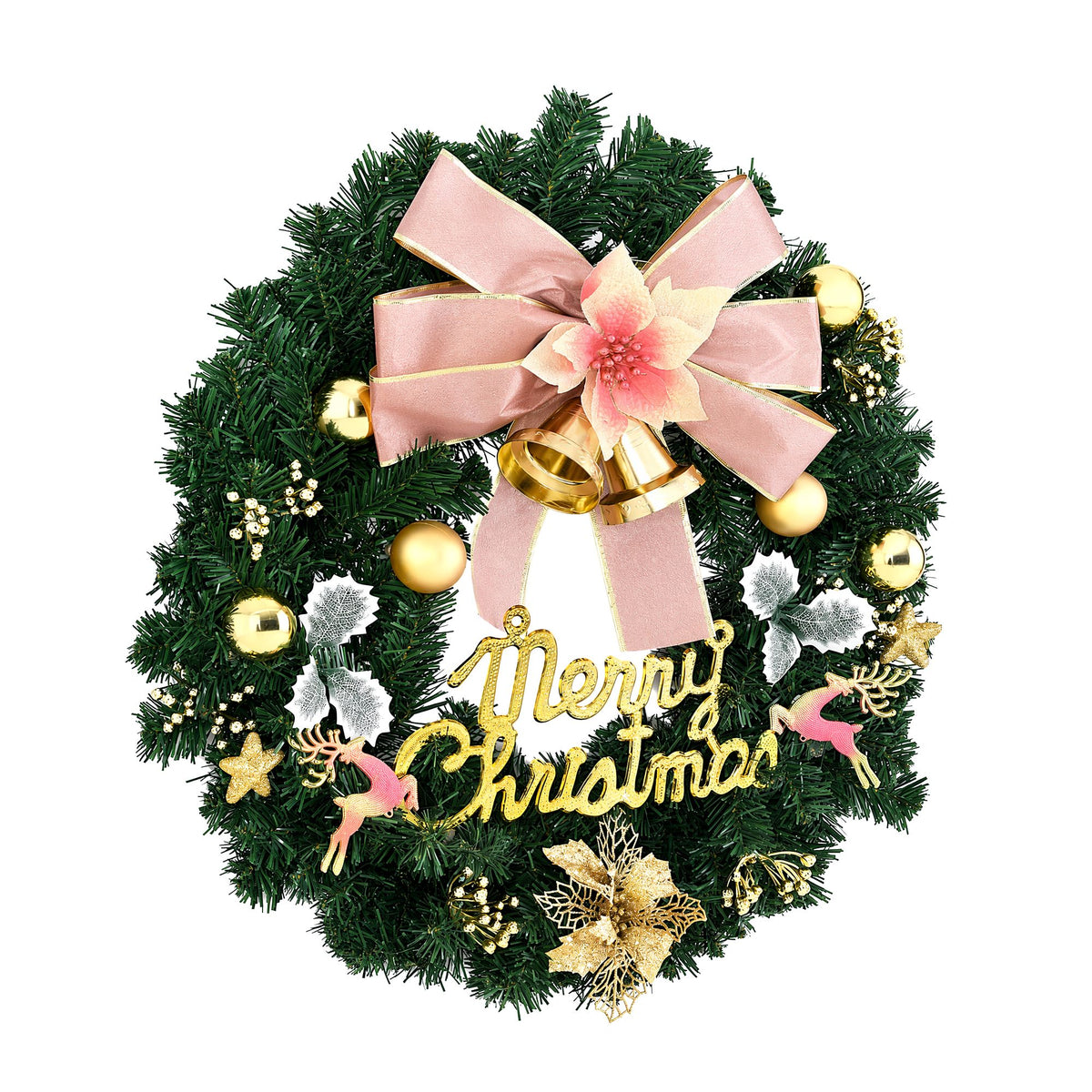 Green Christmas wreath with large pink bow, gold bells, mixed ornaments, Merry Christmas sign