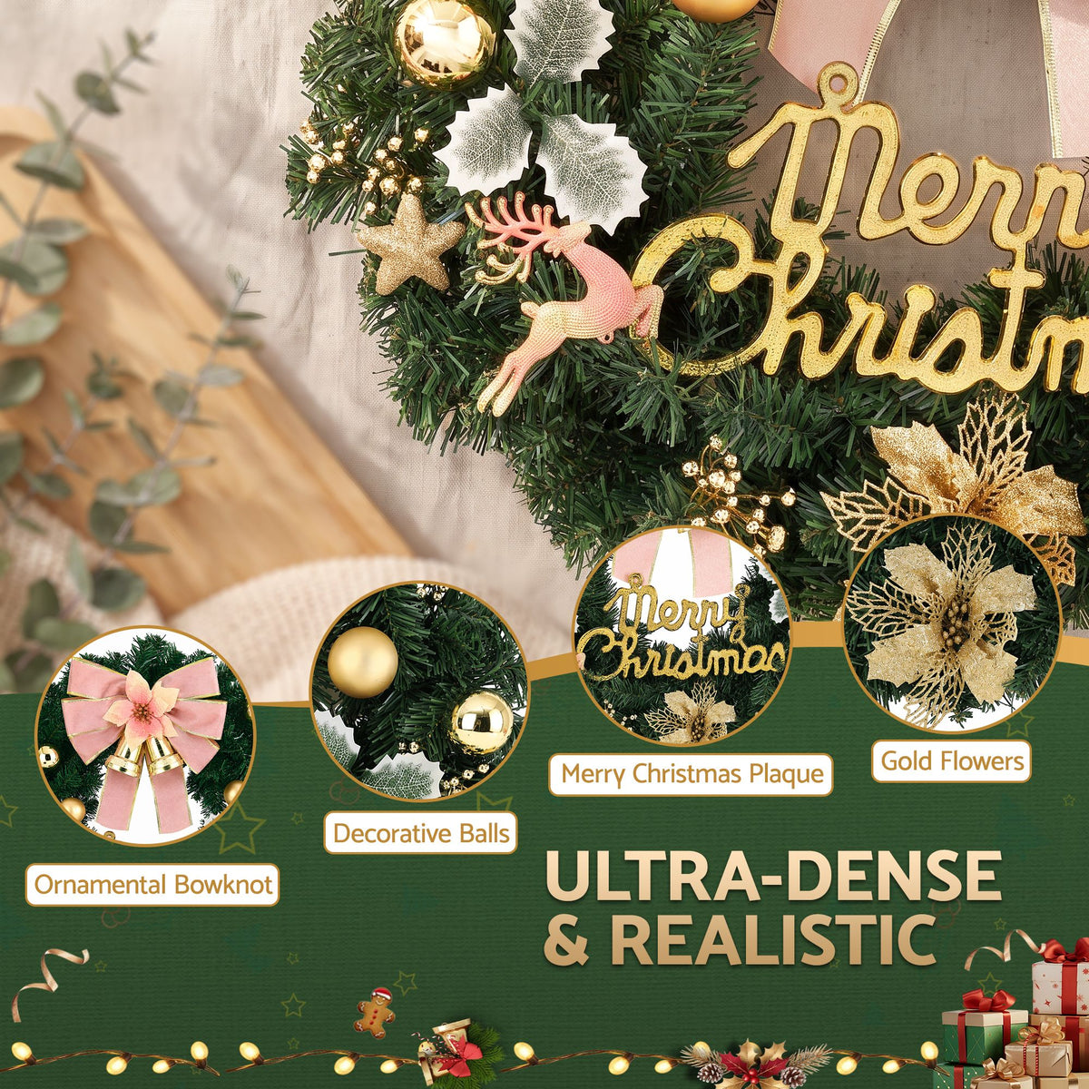 Close-up of Christmas wreath decorations: bow, gold bell, ornaments, and Merry Christmas sign