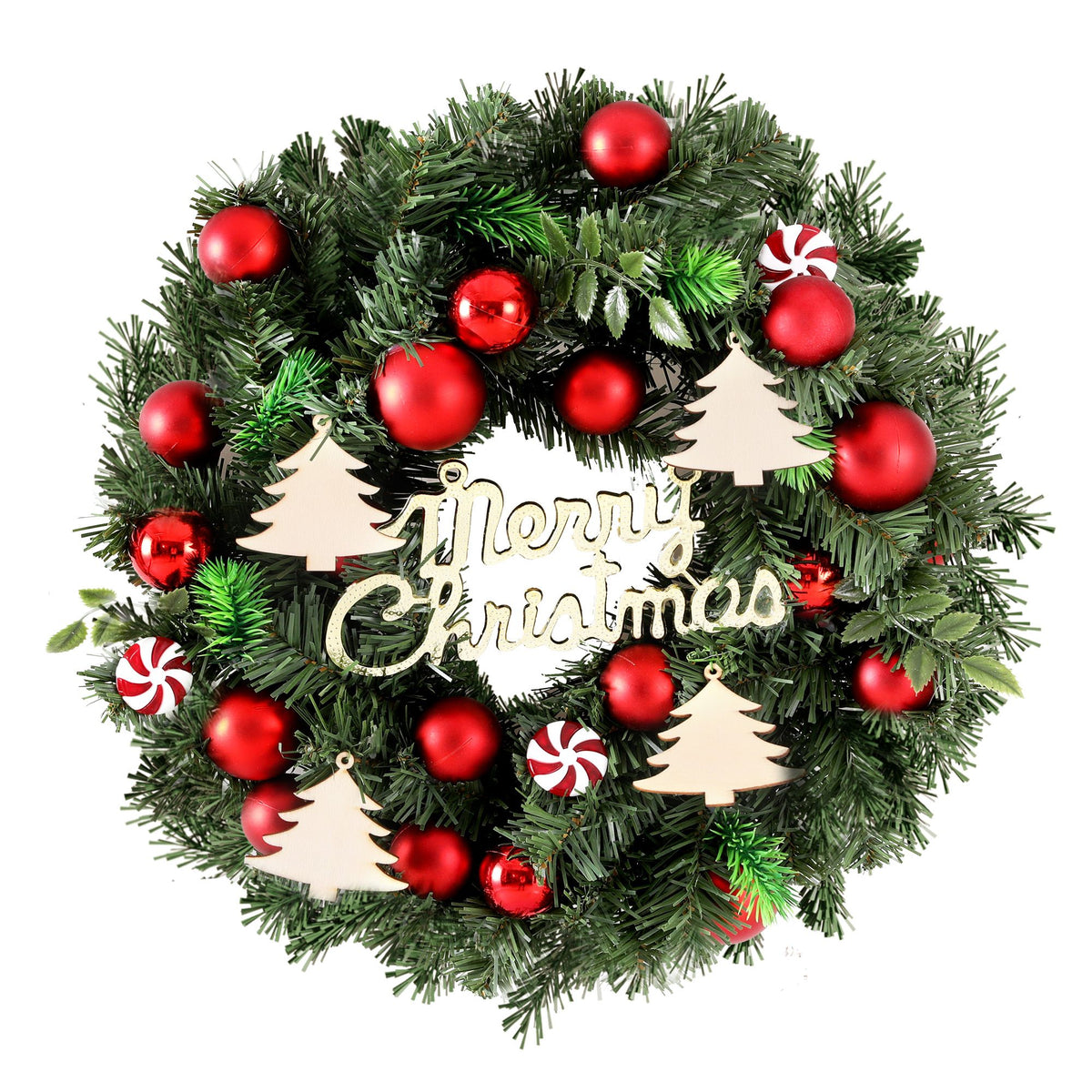 Decorative Christmas wreath with red baubles and white tree ornaments, Merry Christmas sign