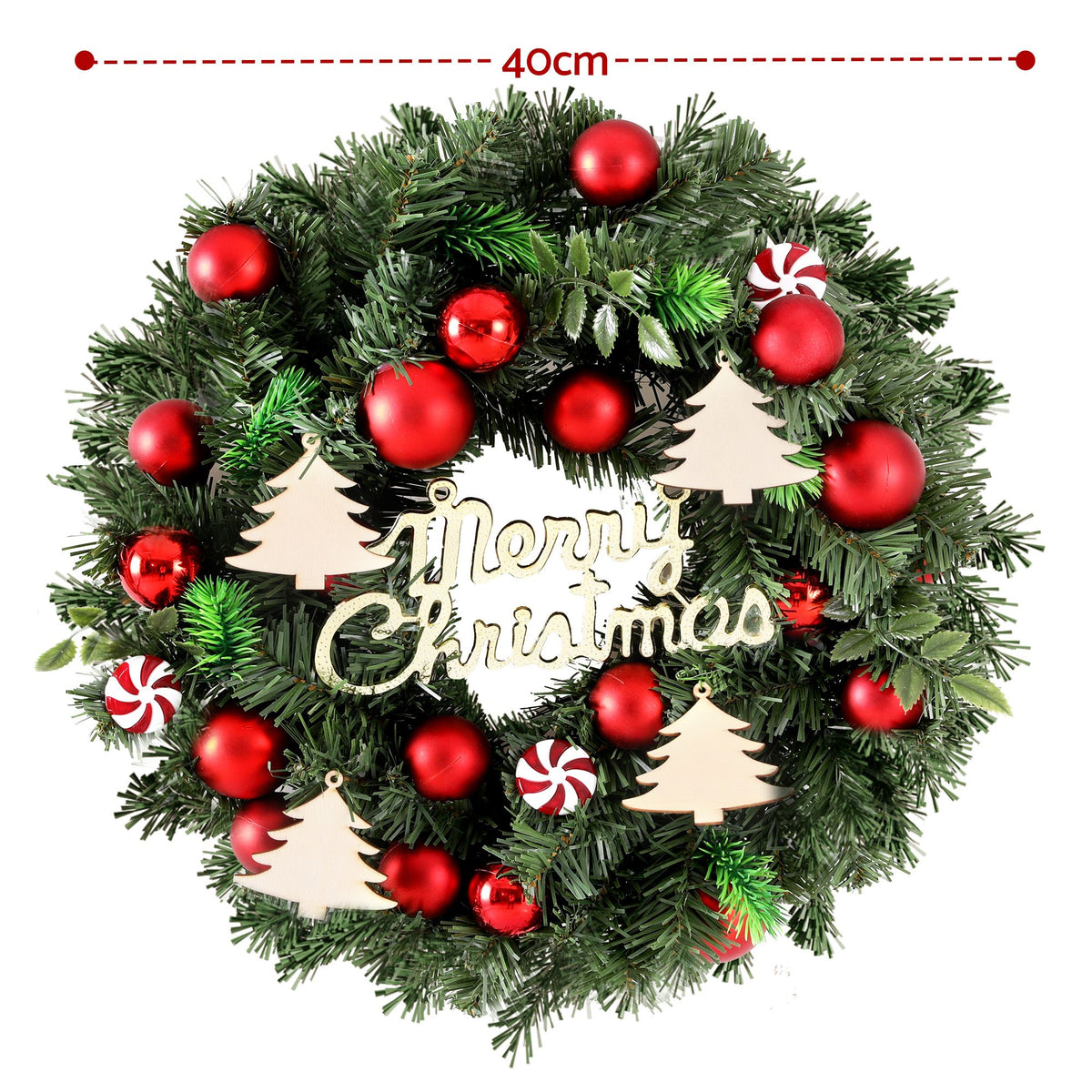 Decorative 40cm Christmas wreath with red baubles and white tree ornaments, Merry Christmas sign