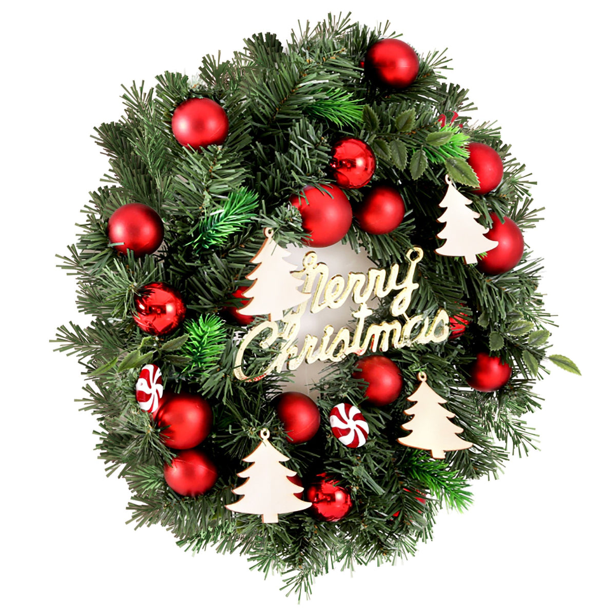Decorative Christmas wreath with red baubles, candy-cane accents, and white tree ornaments