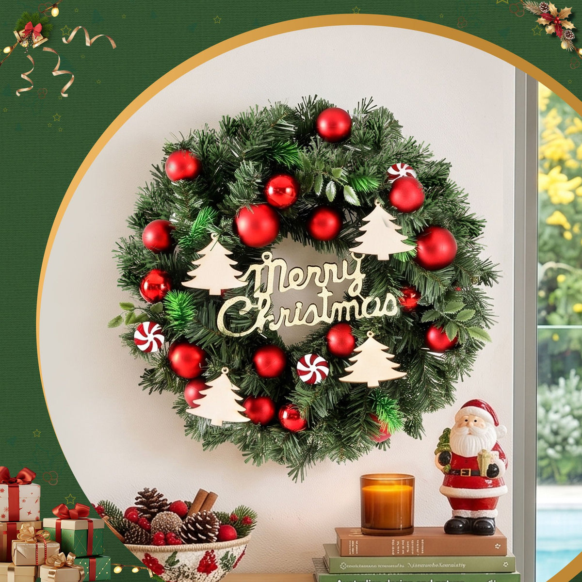 Decorative Christmas wreath with red ornaments and white tree cutouts, Merry Christmas text
