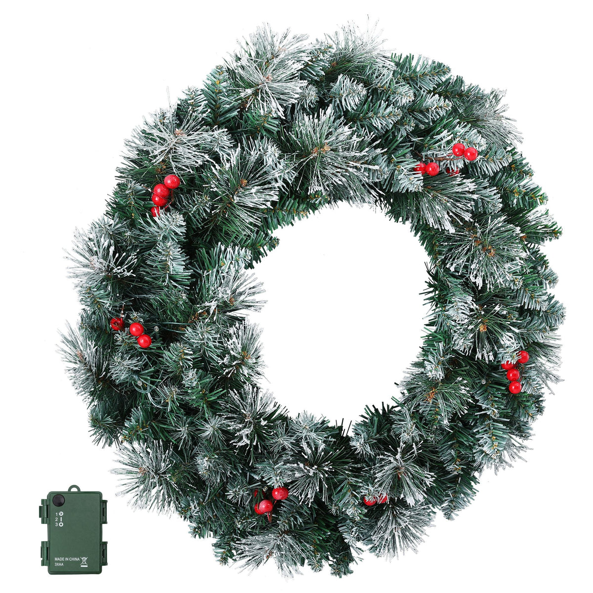 Artificial pine wreath with warm white LED lights and red berry decorations