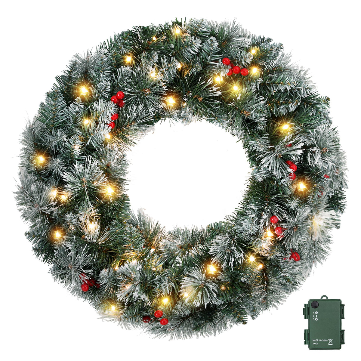 Flocked Christmas wreath ring with warm white lights and red berry accents
