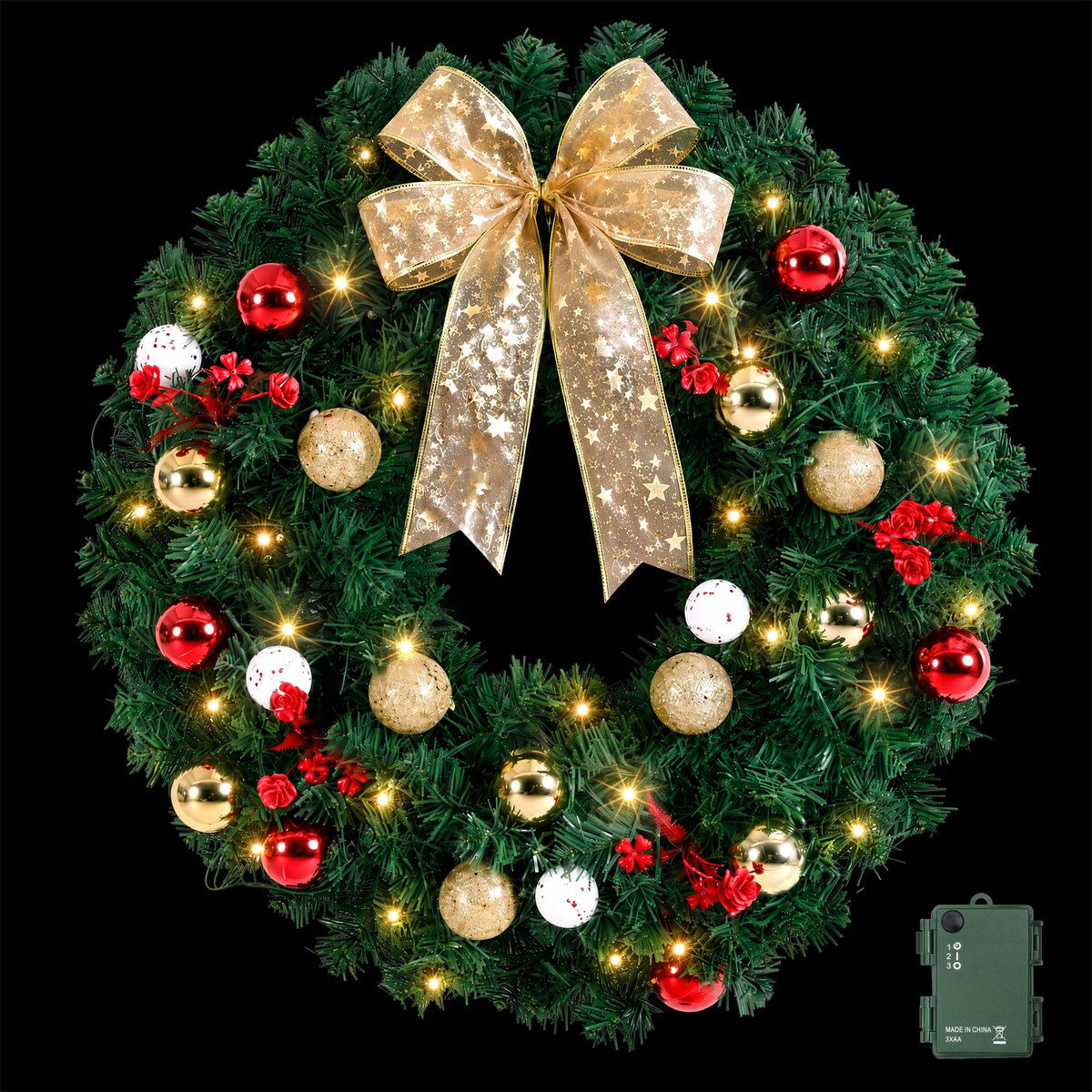 Pre-lit Christmas wreath with gold bow, red and gold baubles, warm white LED lights